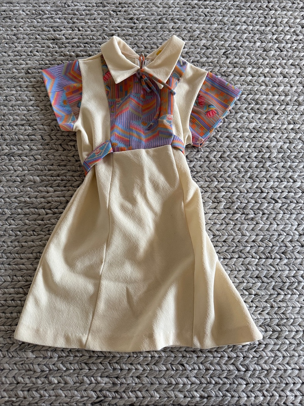 Vintage Cream Kids Dress with Multicolor Patterned Bodice